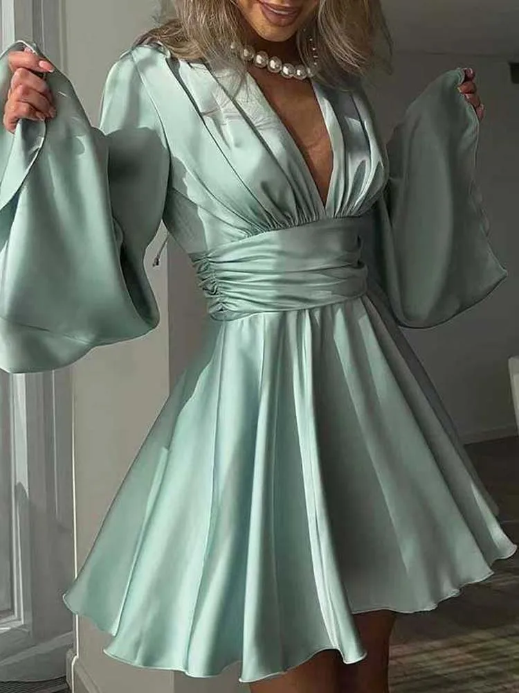 2025 feminino elegante cetim com decote em v vestidos de festa cor sólida mangas alargadas cintura alta vestido de férias para roupas femininas novo