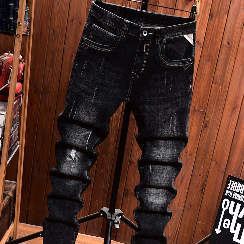 Korean style trendy street jeans for men, slim fit small leg elastic denim straight tube retro long pants