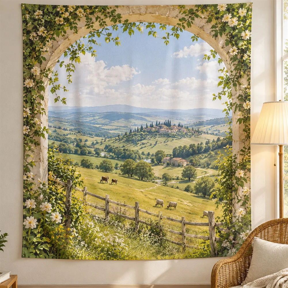 VIKAMA Pasture Fence Line Tapestry Wall Hanging, Aesthetic Farmhouse Room Decor Tapestries for Living Room Bedroom Kids Room