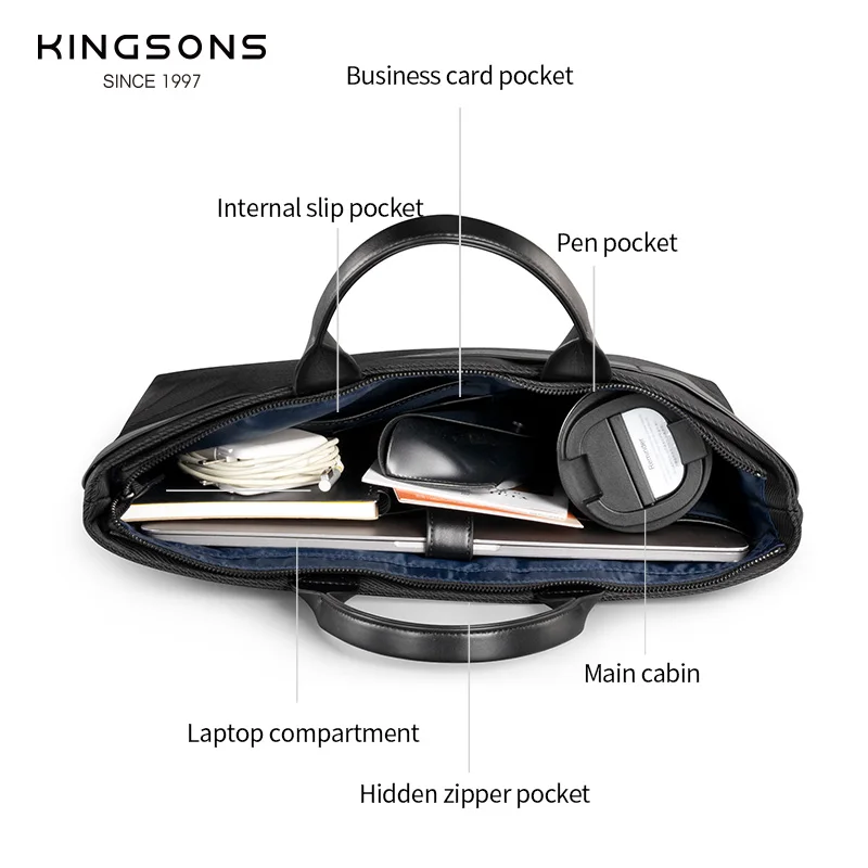 Kingsons, nueva maletín de negocios a la moda para hombres y mujeres, bolso para portátil de 15,6 pulgadas, bolso impermeable con asa superior, bolso negro clásico