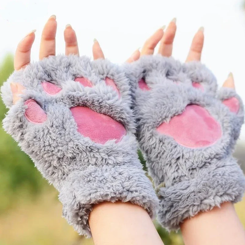 Cartoon Cute Cat Claw Paw Gloves Women Plush Mittens Warm Soft Plush Short Fingerless Fluffy Bear Cat Gloves Costume Half Finger