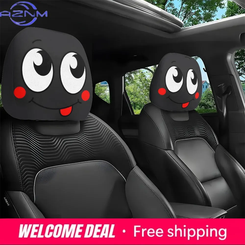 2Pcs Fun Tongue Out Car Headrest Covers Cute Cartoon Expression Printed Elastic Car Head Pillowcase Headrest Protective Sleeve