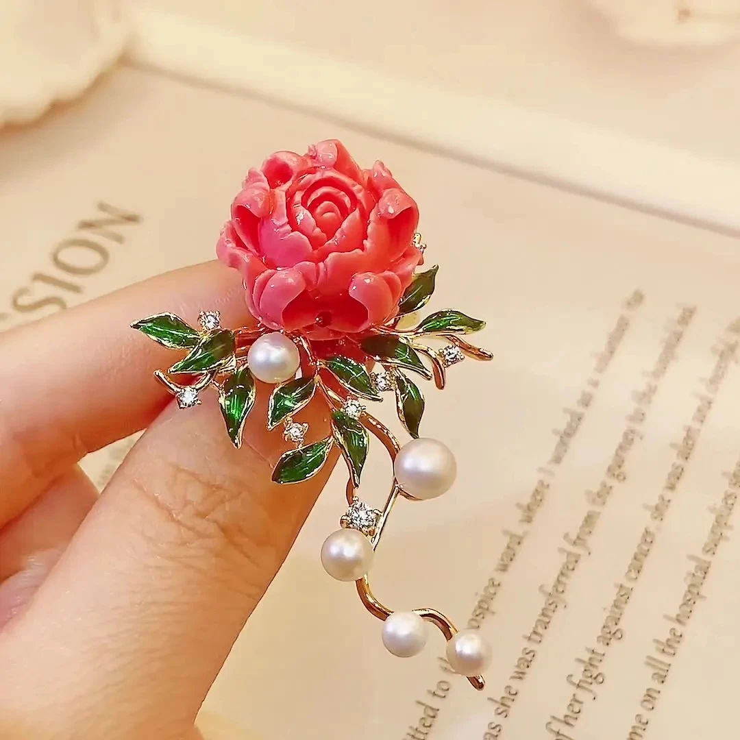 Elegant Pink Peony Brooch Women's Floral Cubic Zircon Pearl Pin Corsage Coat Suit Costume Jewelry