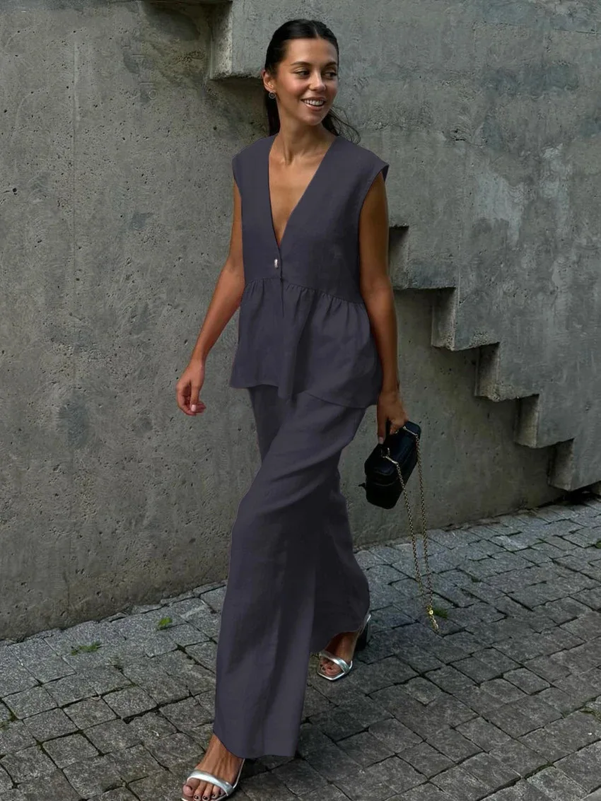 

Casual Cotton V Neck Vest 2Pc Set Sleeveless Solid Chic 2Pc Set High Waisted Wide Pants 2Pc Set Minimalist Matching Outfit