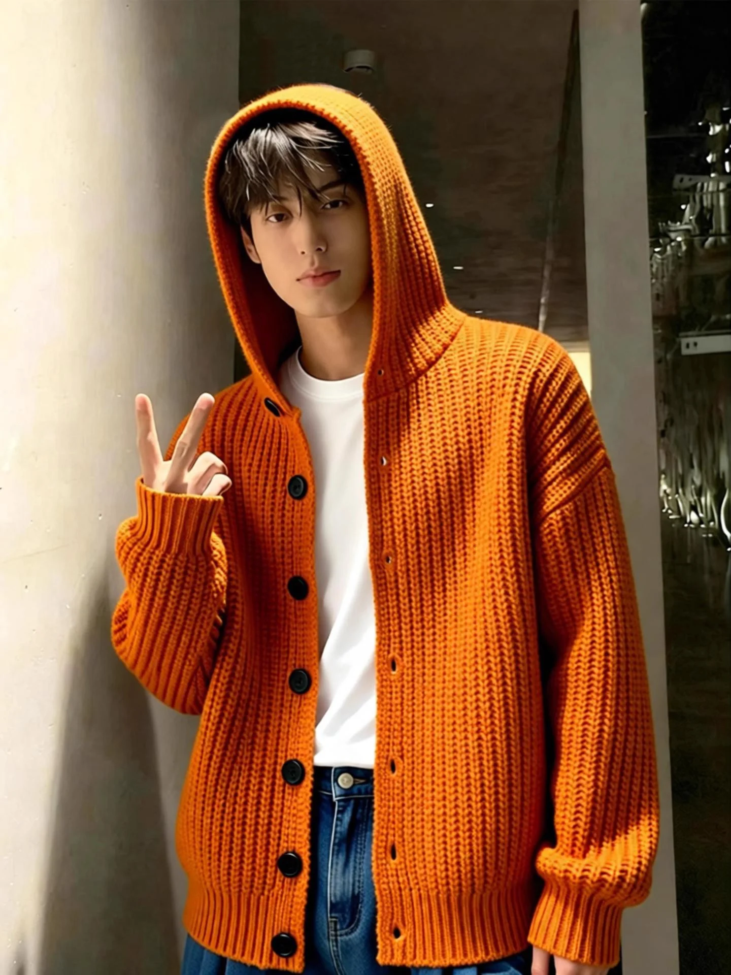 

American Retro Thiened Orange Knitwear Coat Men Women Sle Autumn Winter Warmth Hooded Knitted Sweater Thi Needle Open C...
