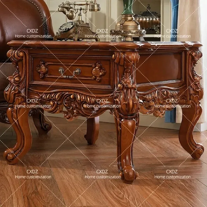 Solid Wood Carved Side Table European Style Lace Detail Square Corner Cabinet for Living Room High End Furniture Storage