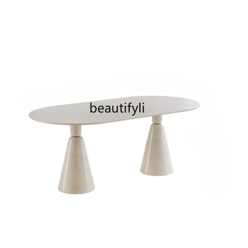 

xxFrench Cream Style Pure White Stone Plate Dining Table and Chair Modern Simple Small Apartment Oval Table