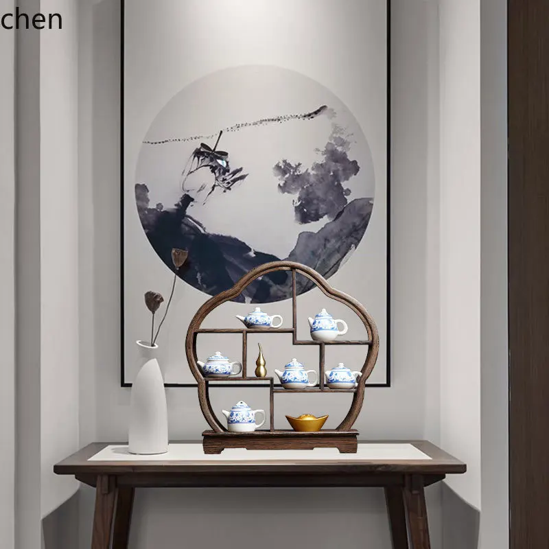 HYS Retro Zen Tea Room Blue and White Teapot Home Living Room Decoration Art Ornament