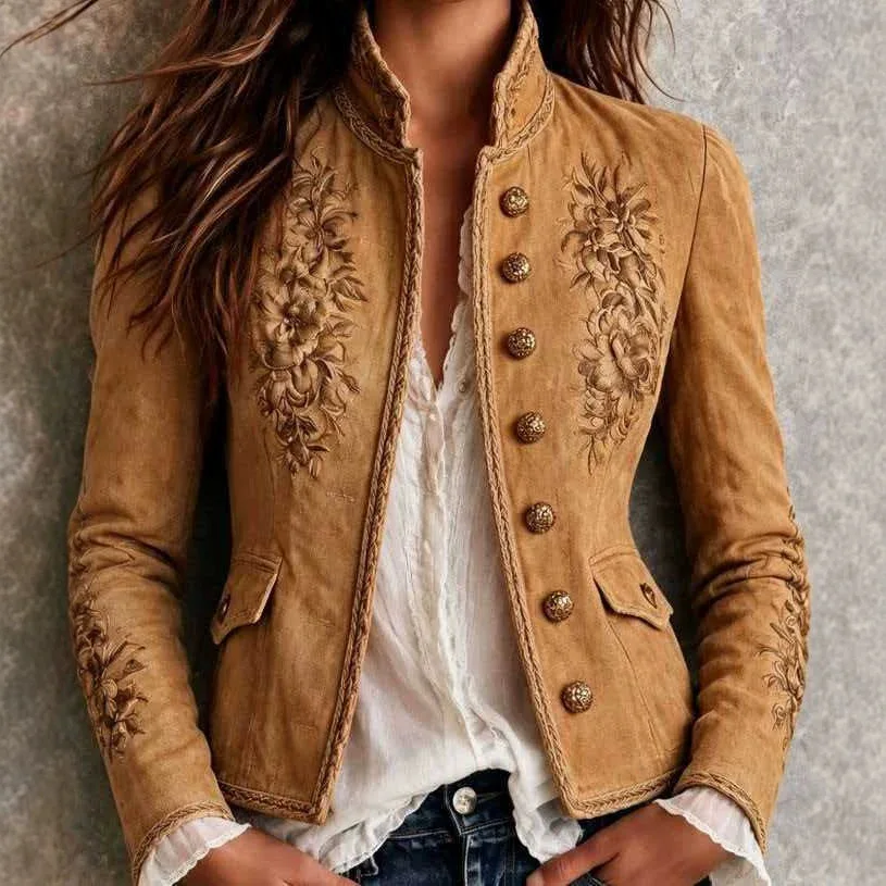Women Jacket Stand Collar Jackets Single Breasted Full Sleeve Vintage Floral Print Y2k Streetwear Casual Slim Fit Pockets Autumn