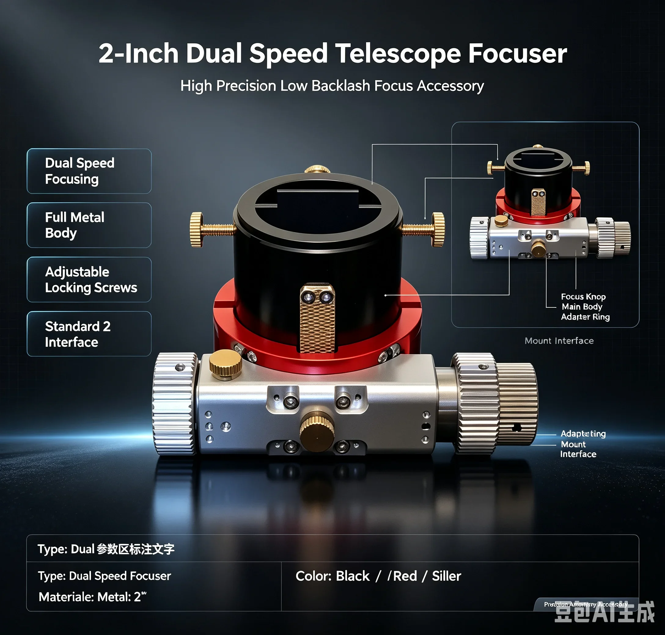 Small Black Big Black Bull Telescope 2 Inch Toothed Two-speed Focus Base
