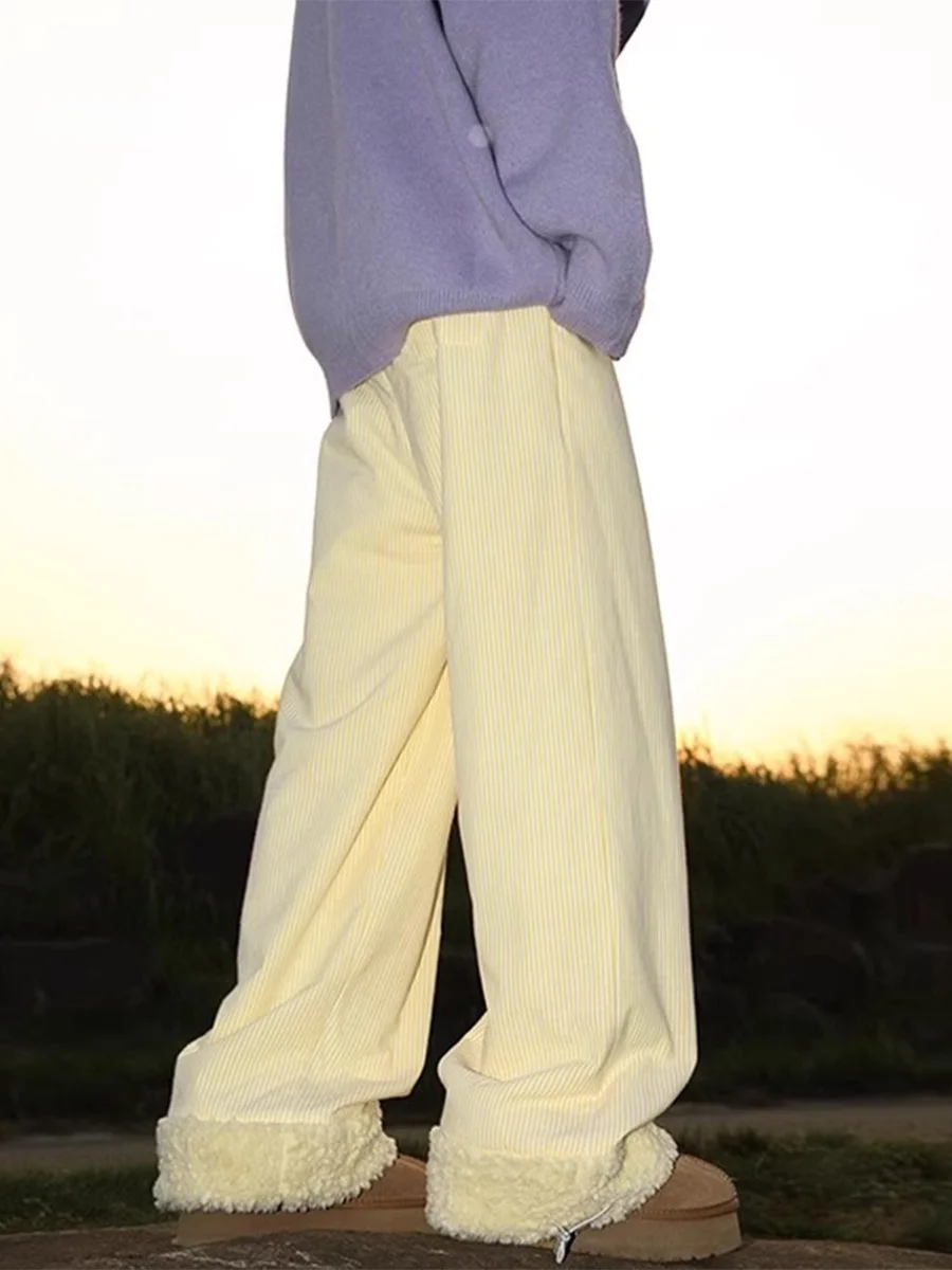 

Теплые брюки из овечьего вельвета для мужчин, зимние, широкие, прямые, повседневные, длинные, устойчивые к холоду, для северо-восточных регионов, цвет гусиный желтый.