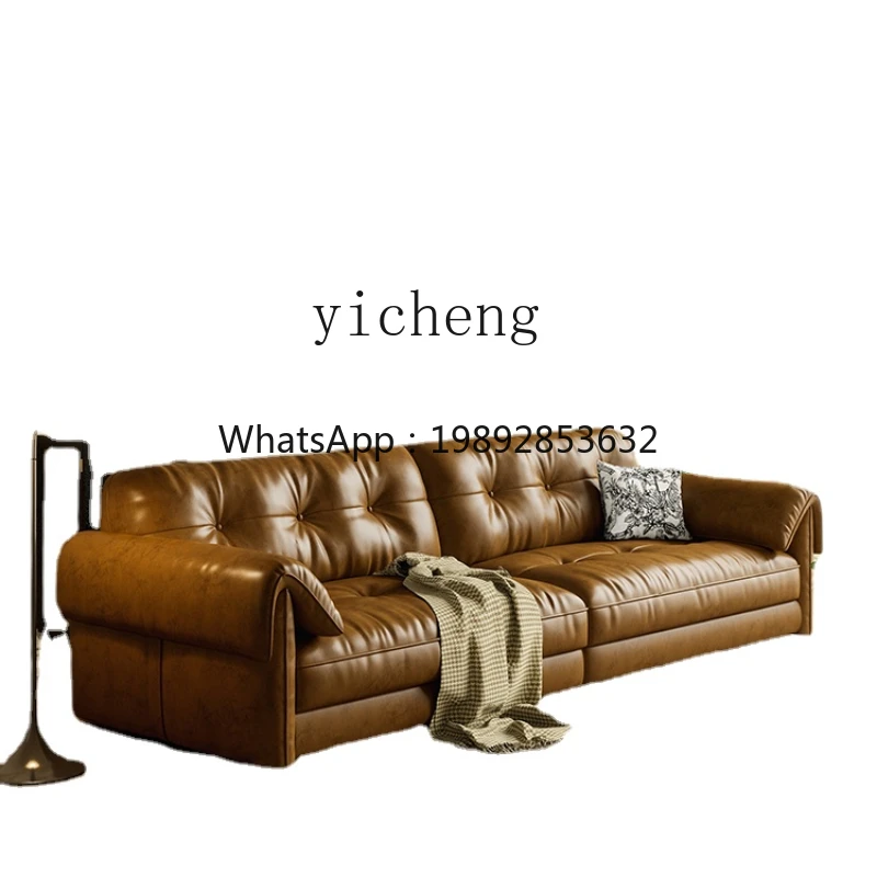 

F1 Retro Oil Wax Skin Genuine Leather Sand Large and Small Apartment Type Living Room Straight Row Simple Mid-Ancient Style Sofa