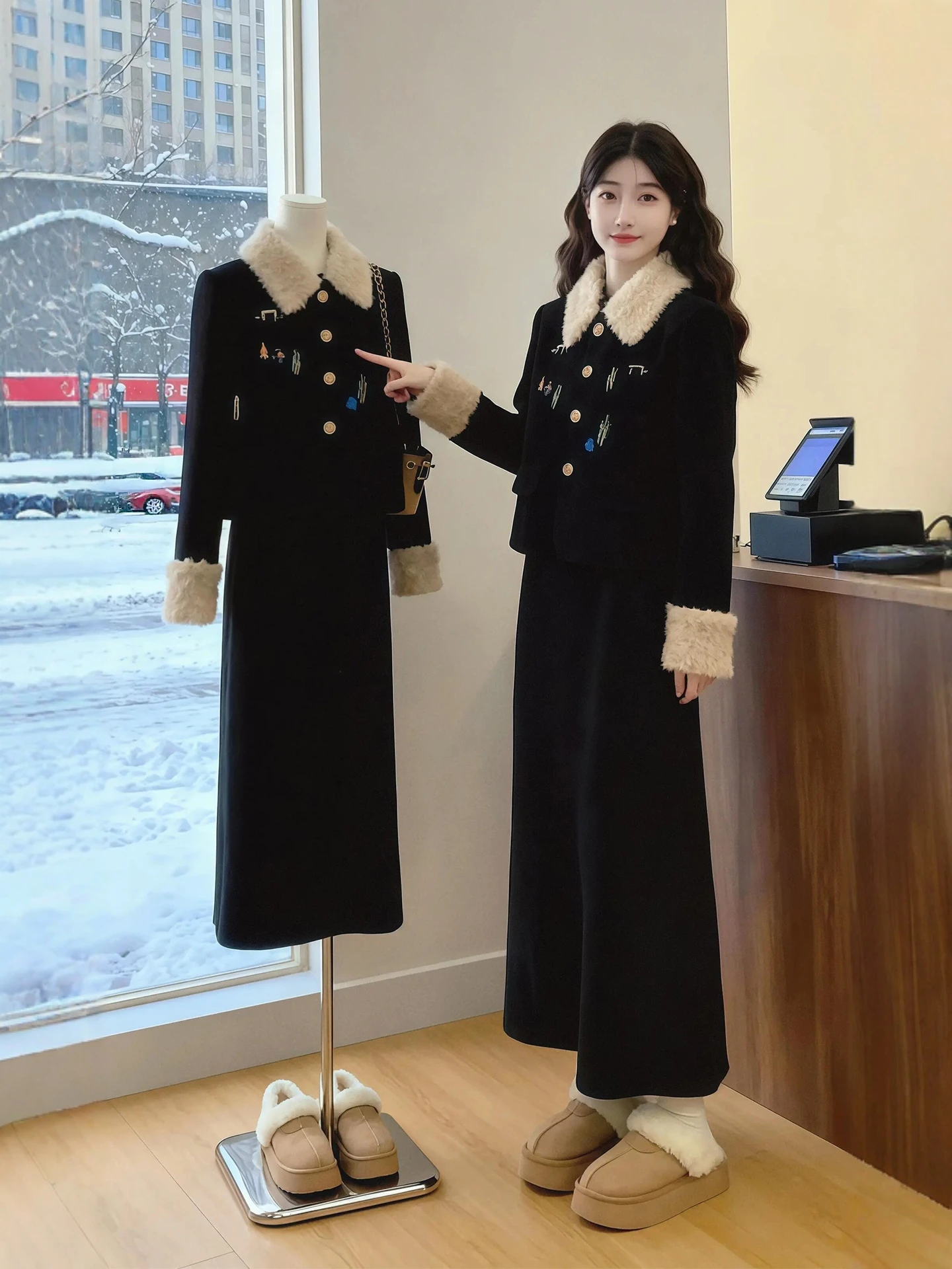 

Winter Faion plus Size Women's Lamb Fur Jaet Skirt Set Korean Sle Unique High End Two Piece Suit Warm Casual Wear