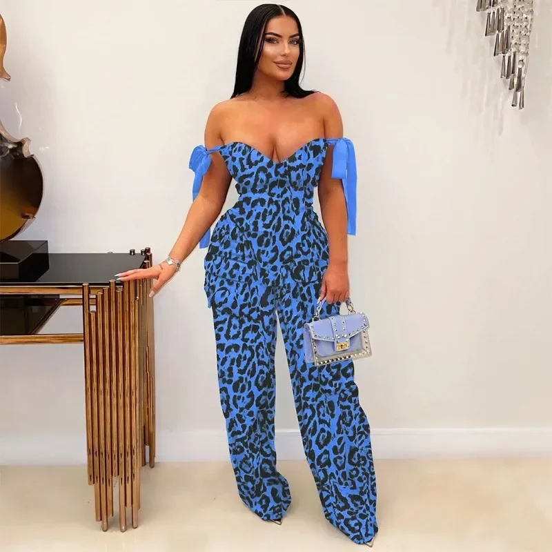 Doyerl Two Piece Set Woman Sexy Club Outfits Birthday Off Shoulder V-neck Lace-up Bandage Top and Wide Leg Pants Matching Sets view 5