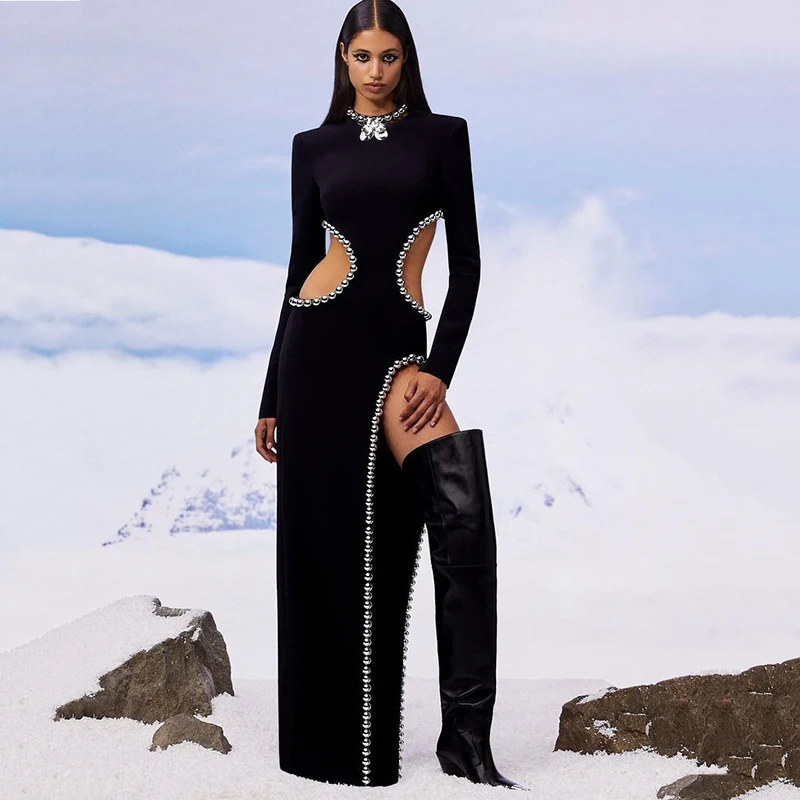 

Black Round Neck Long Sleeved Hollowed Out Diamond High Slit Long Dress Fashionable Women's Bandage Skirt