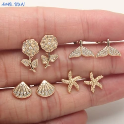 MHS.SUN Flower/Starfish/Shell Cubic Zircon Stud Earrings Gold Color Fashion For Women Girls Summer Beach Jewelry Gifts 1Pair