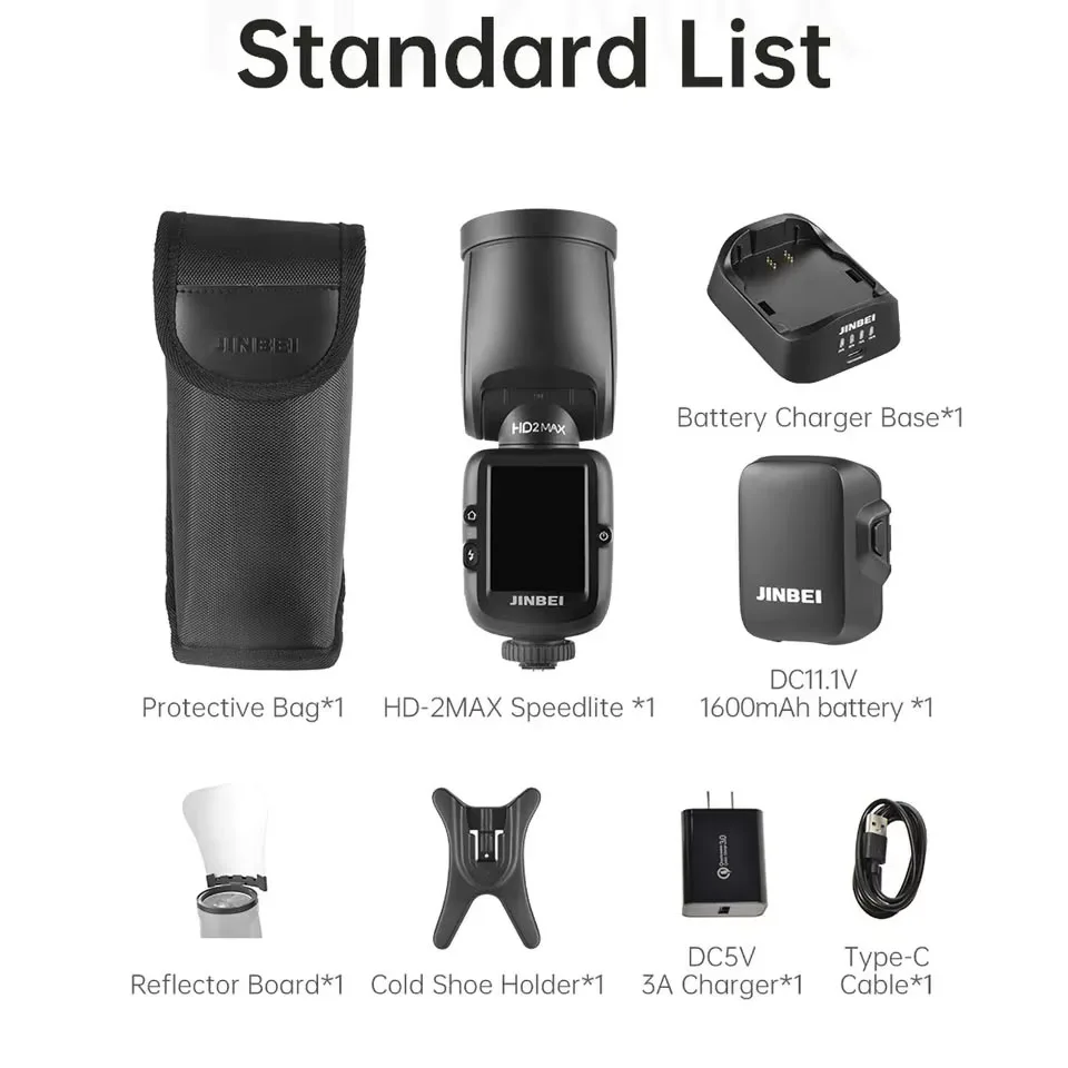 JINBEI HD-2 MAX 2,8" Универсальный горячий башмак HSS TTL с сенсорным экраном 0 ° -360 °   Горизонтальное вращение 2,4 ГГц Вспышка для беспроводной камеры