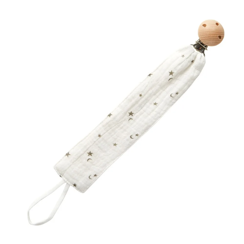 

New Cotton Gauze Pacifier Clip Chain Safe Wooden Anti-drop Pacifier Holder Print Nipple Holder Clips Newborn Soother