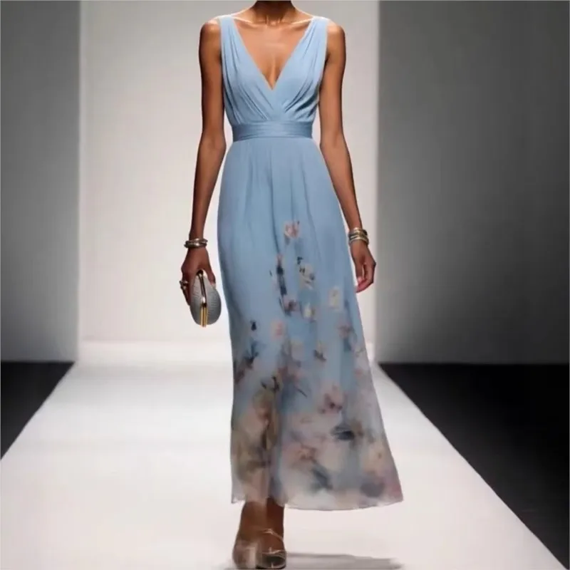 New Women's Summer Fashion Floral Printed Chiffon Maxi Dress Casual Deep V Neck Flowing Wedding Guest Dresses