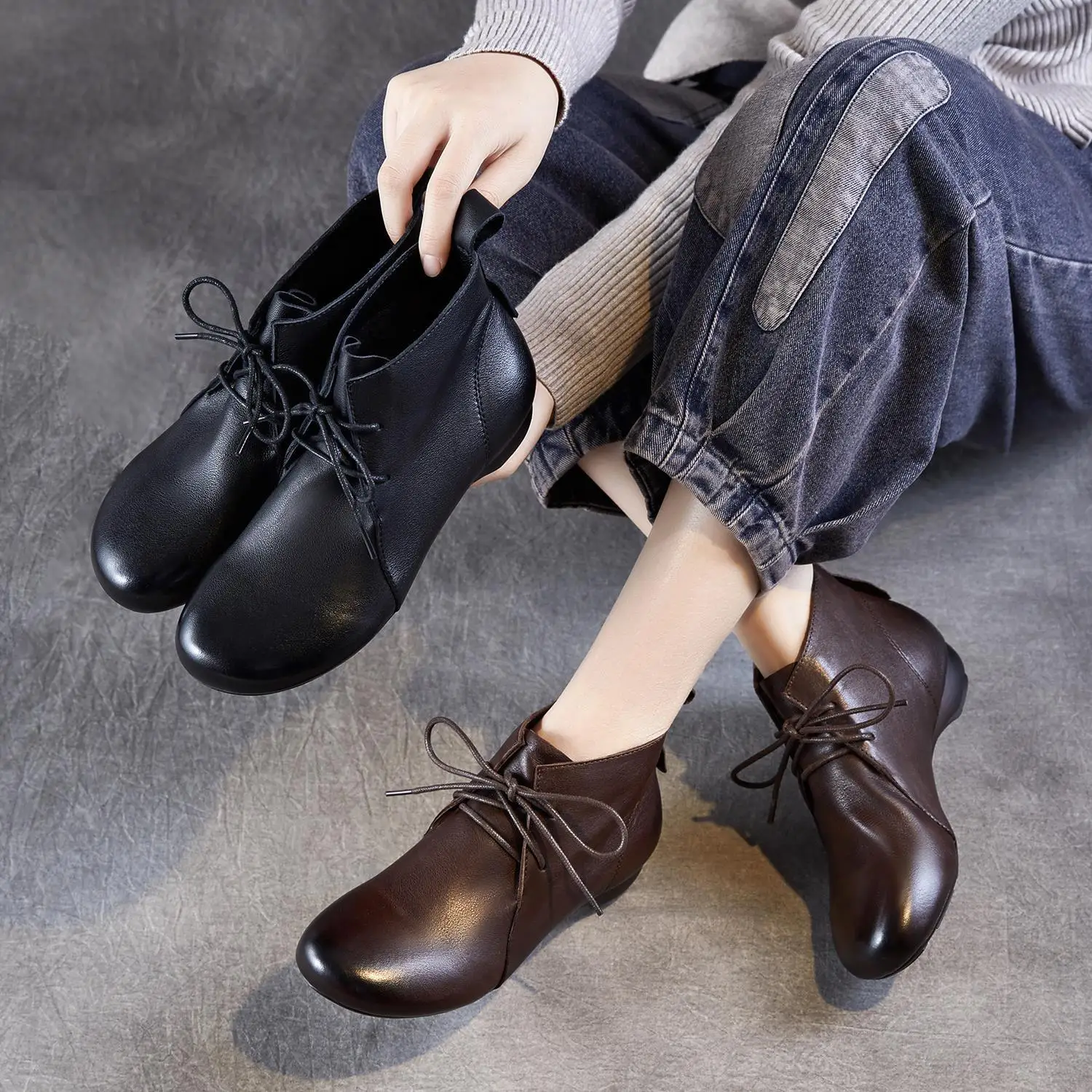 

Retro Knot Leather Short Boots Women's Spring Autumn Casual Versatile Flat Bottom Rubber Sole round Toe Fashion Boots