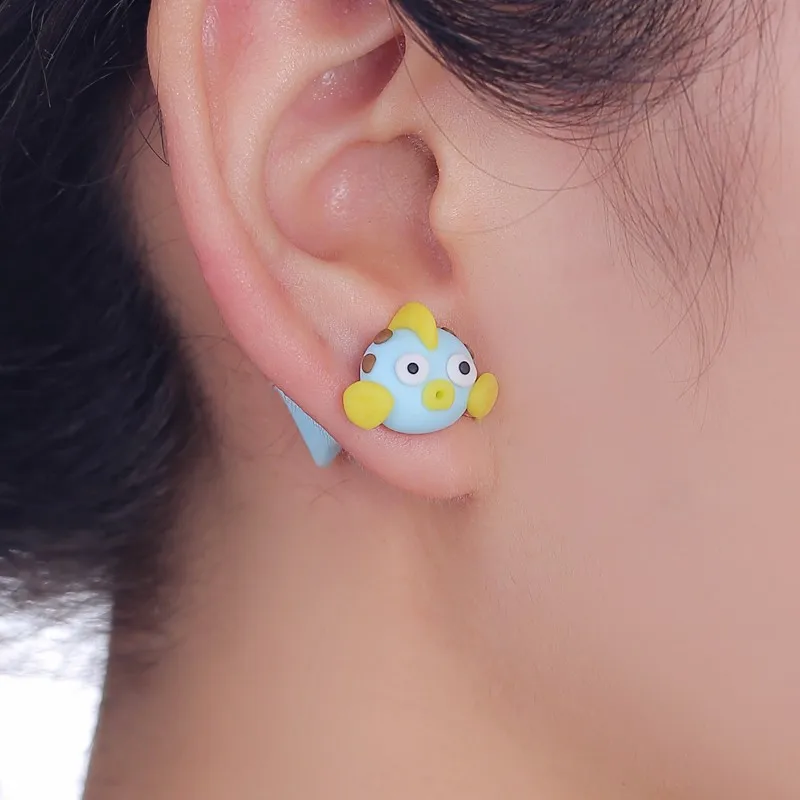 Handmade 3D Tropical Fish Polymer Clay Stud Earrings For Women Girls Cute Colorful Animal Front Back Ear Jackets Fish Earrings
