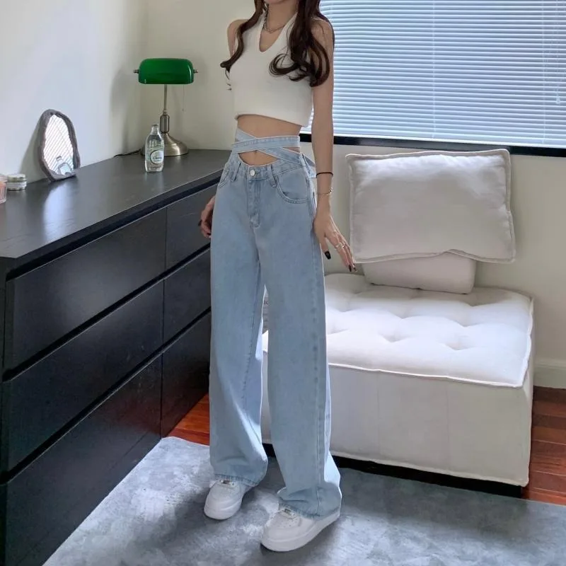 زر سستة عالية الخصر بلون المألوف عالية الخصر حزام الجينز المرأة فضفاضة واسعة الساق السراويل مستقيم بنطلون