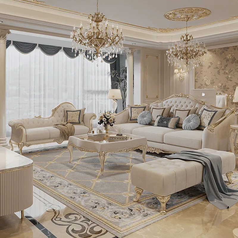 

High quality French luxury white fabric 1 2 3 Modular combination high-end set European solid wood carved living room sofa