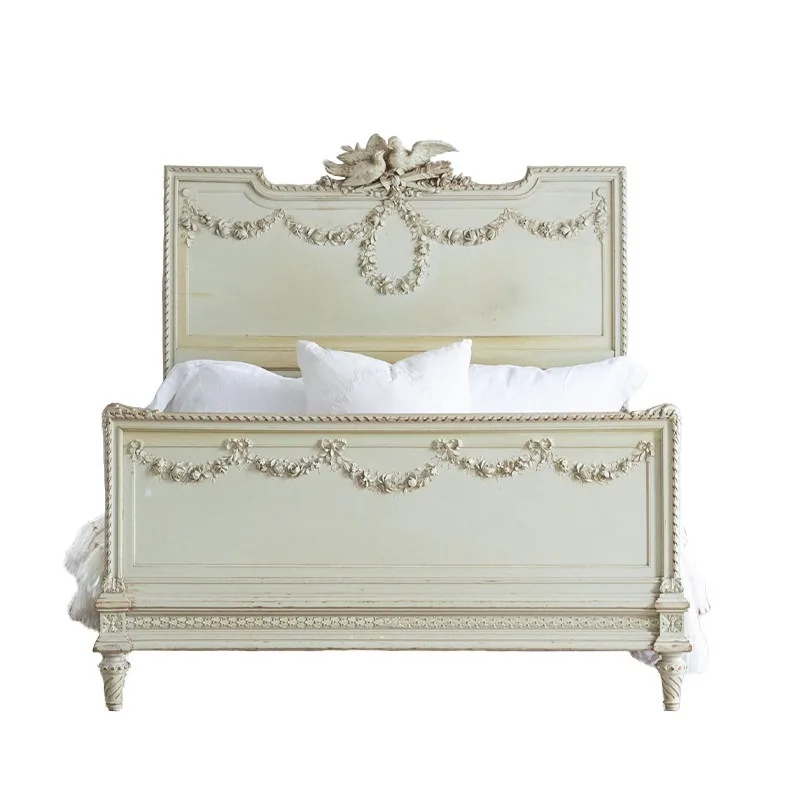 Home French washed white solid wood bed villa princess queen bed small apartment 1.8 master bedroom double bed 1.5 meters single