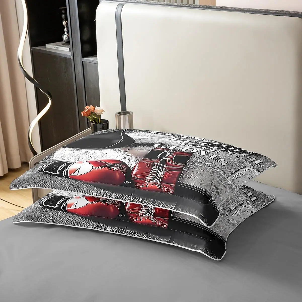 Boxing Bedding Set Double Red Black Boxing Gloves Duvet Cover Set 3pcs Motivational Quotes Sports Quilt Cover for Boys Men 5