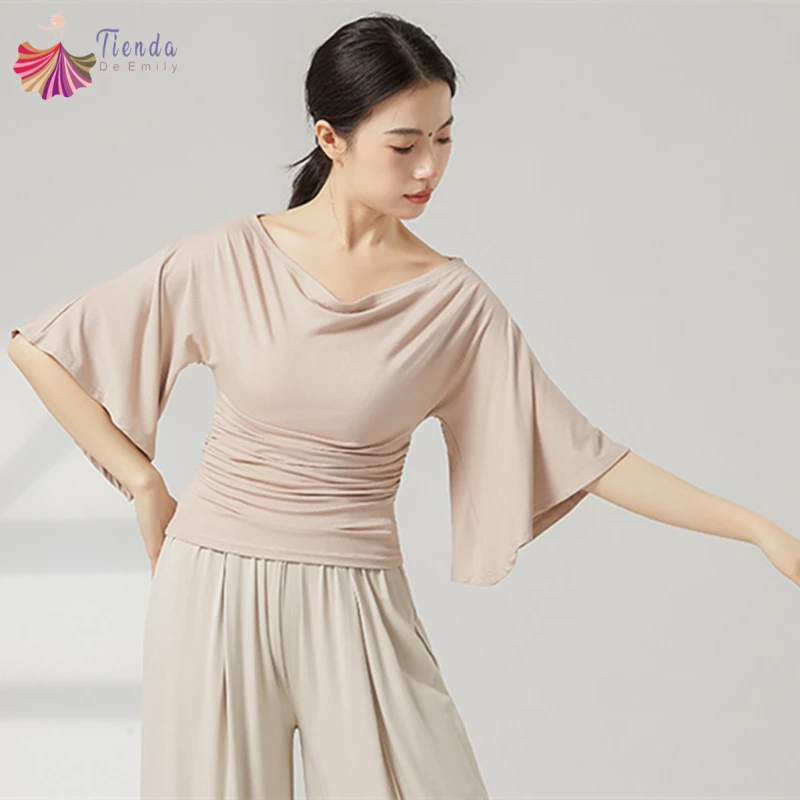 mulheres-danca-moderna-topo-manga-alargada-camisa-plissado-hem-roupas-de-treinamento-latino-magro-topos-uma-linha-pescoco-blusa-classica-dancewear