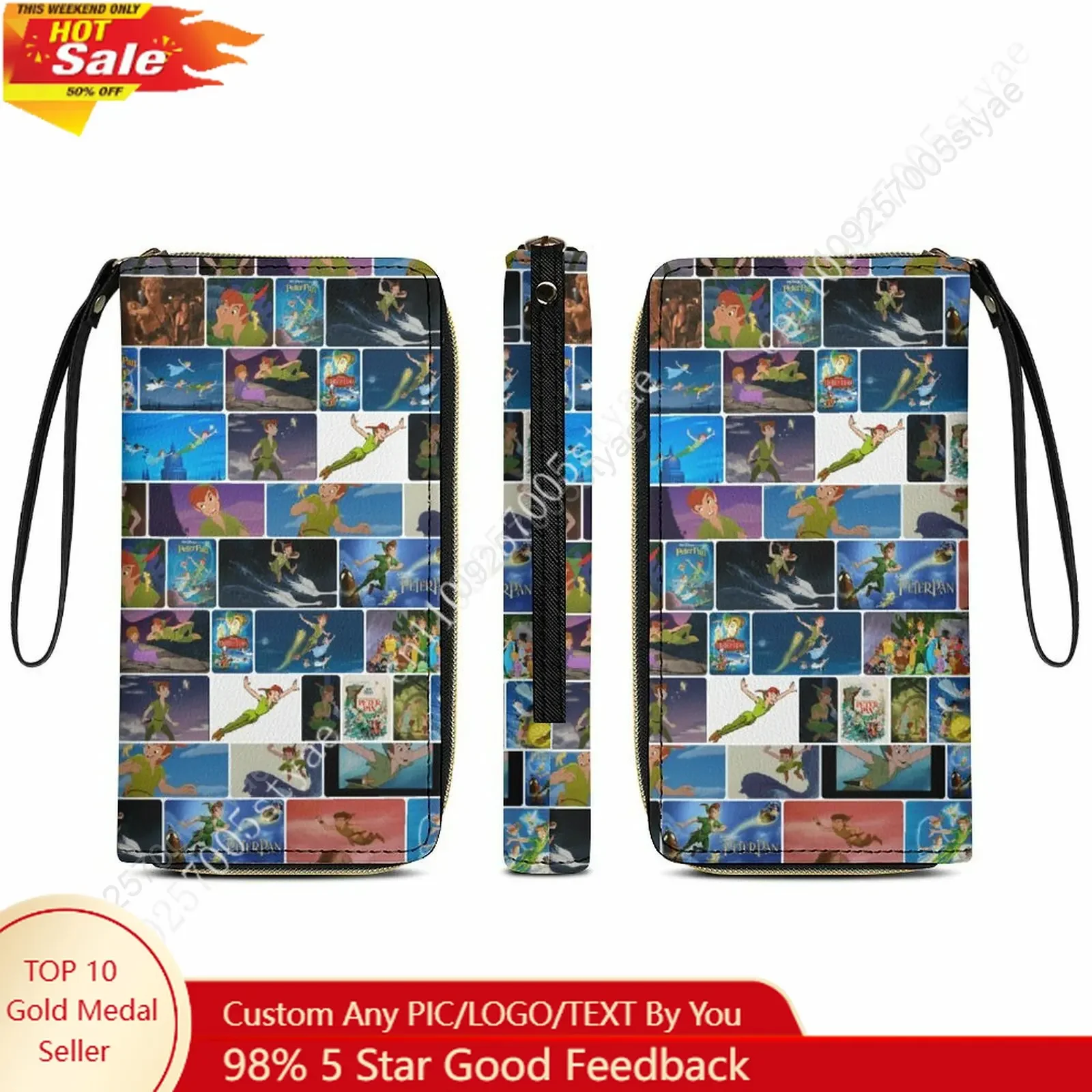 

Peter Pan Leather Wallet Disney Licensed Customizable Personalized Design Your Pattern Portable Purse Double-sided Printing