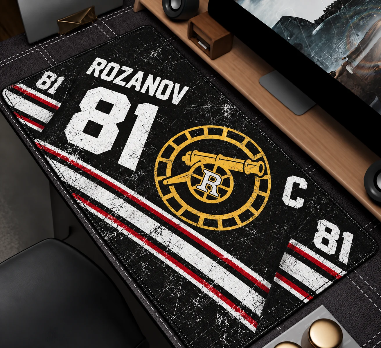 Large Vintage Hockey Jersey Style Desk Mat ROZANOV 81 Retro Distressed Cannon Logo Striped Extended Mouse Pad Non-Slip