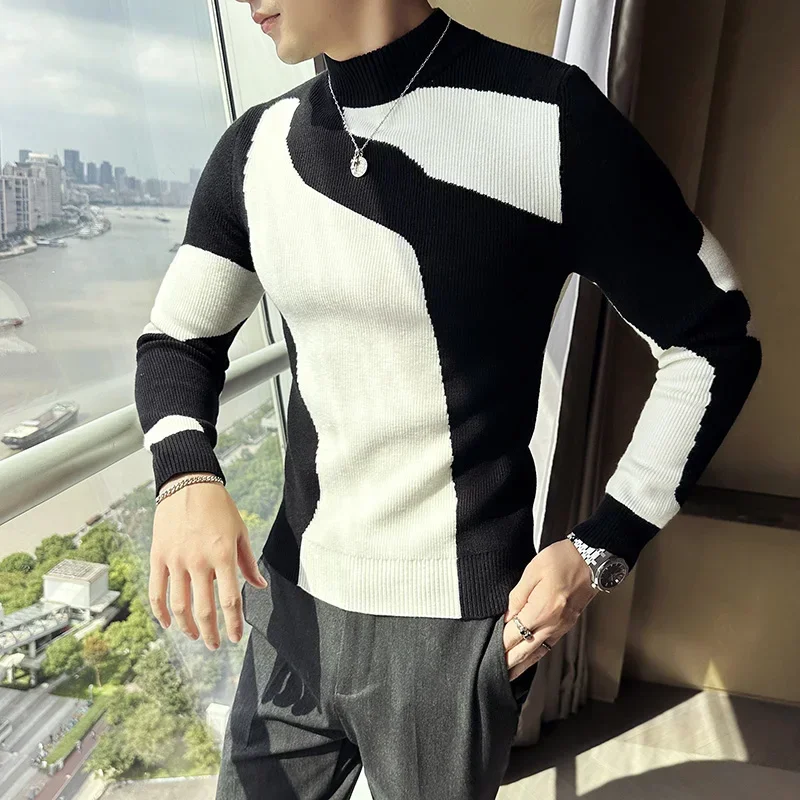 Sweater Autumn Winter New Korean Luxury Men's Clothing Fashion Patchwork Color Sweater Male Slim Fit Casual Turtleneck 4Colors