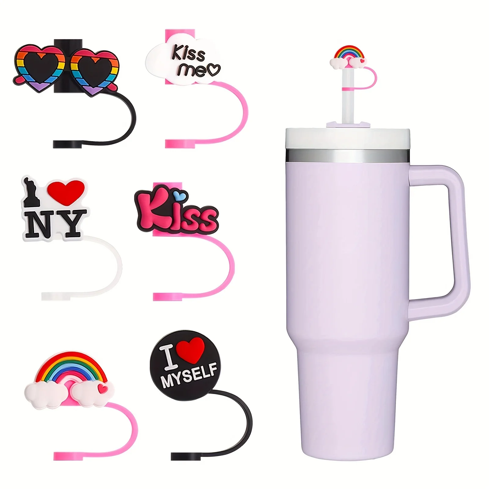 4Pcs Sili-cone Heart-Shaped Straw Covers Reusable Straw Toppers Rain-bow Straw Tips Plugs for  Party（Straw not included）