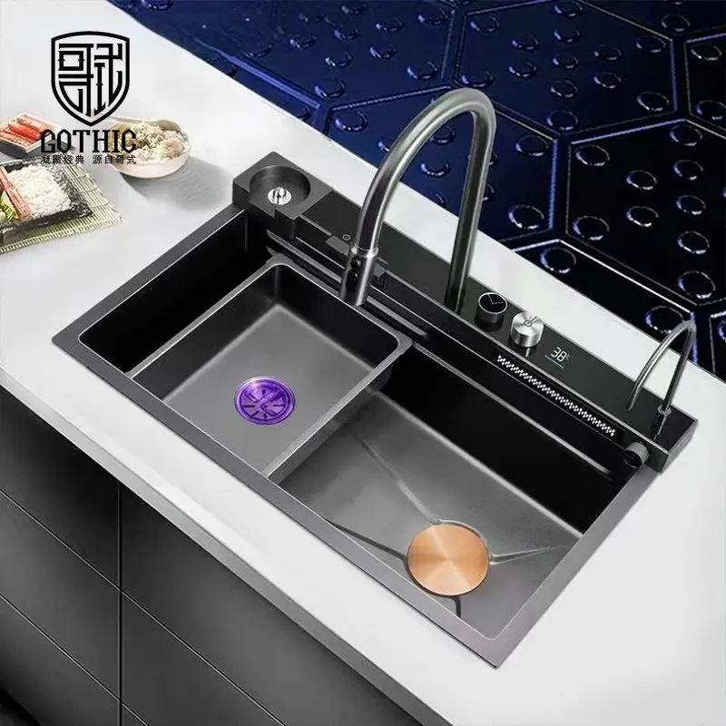 

New 304 Stainless Steel Kitchen Sink Honeycomb Digital Display Waterfall Flying Rain Washbasin Large Single Sink Faucet Set