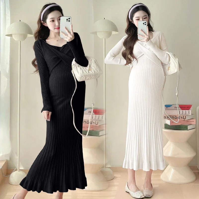 Winter Maternity Slim Dress Elegant Solid Color Long Sleeve O-neck Soft Comfortable Pregnant Woman Sweater Dress Knitted Dresses