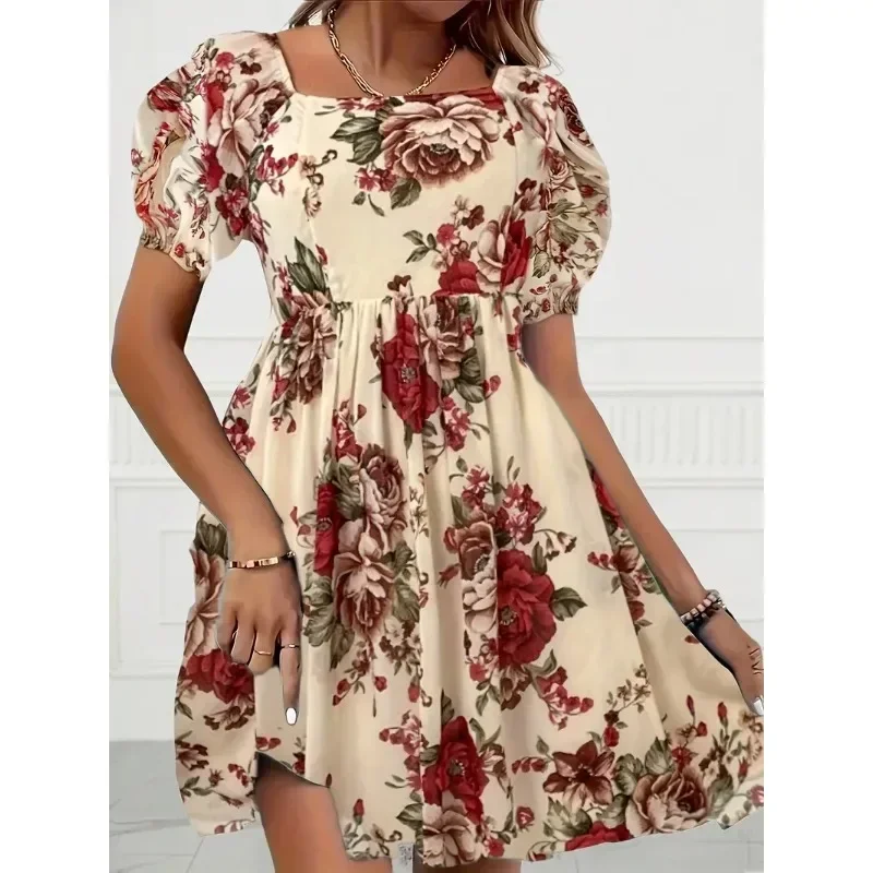 

Spring & SummerPlus Size 1XL-5XL Fashion Square Neck Short Sleeve Floral Print Dress Ladies Casual Puff Sleeve Dress