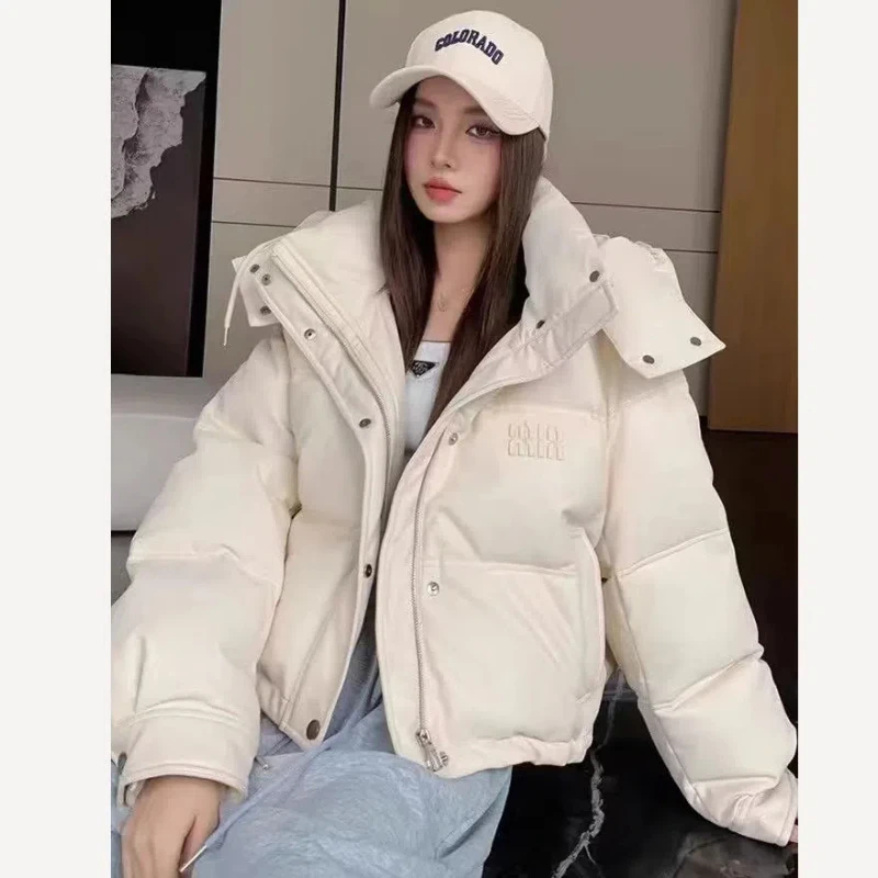 PU Short Style Wash Free Parkas 2024 Vintage Hooded Loose Cardigan New Style Fashionable Bread Commuting Thick All-match Outwear