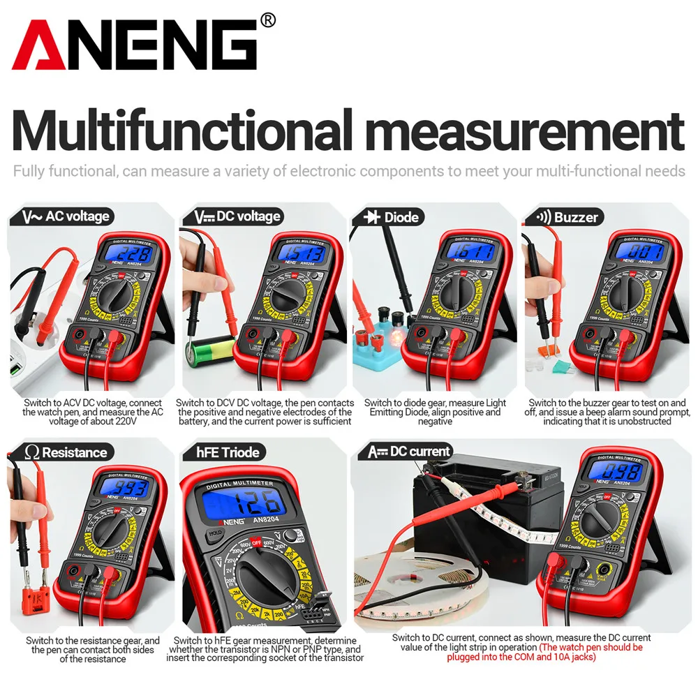 

AN8204 Multimeter AC/DC Voltage DC Current hFE Triode Buzzer Multifunctional Test 1999 Counts Digital High Precision Tools