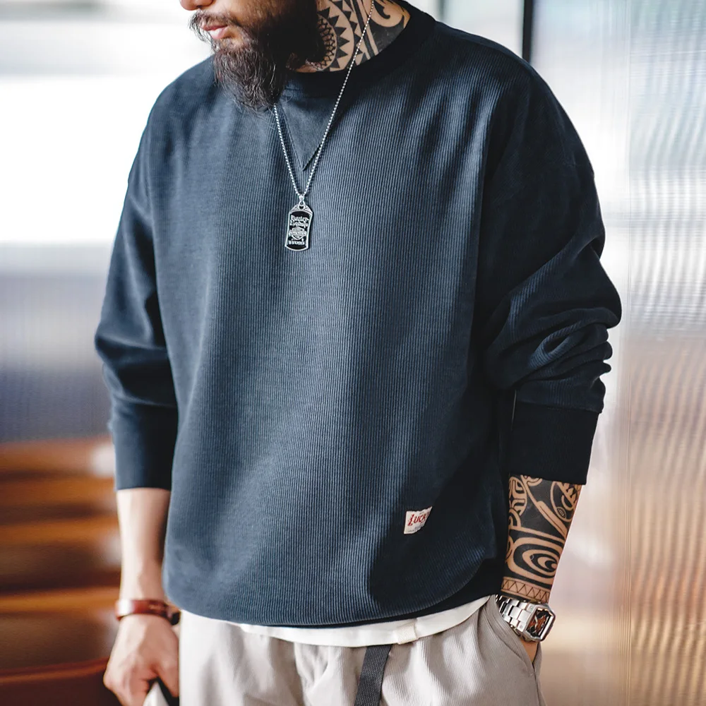 Maden Heavyweight Round Collar Chenille Sweater for Men Spring and Autumn Basic Styles Long-sleeved Pullover Navy Blue T-shirts