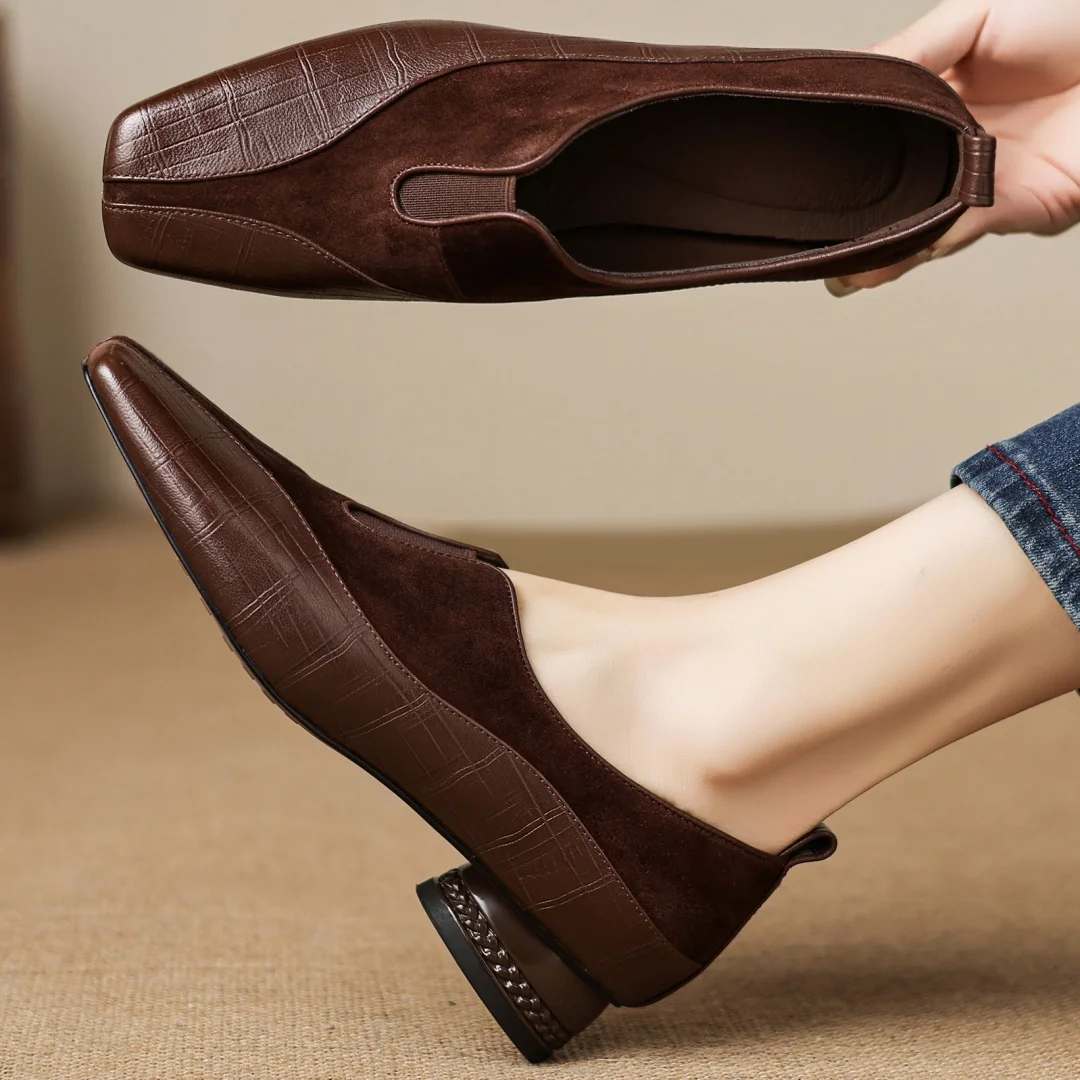 

Flokathy women's genuine leather patchwork square toe slip-on flats high quality soft comfort casual female 3cm round heels shoe