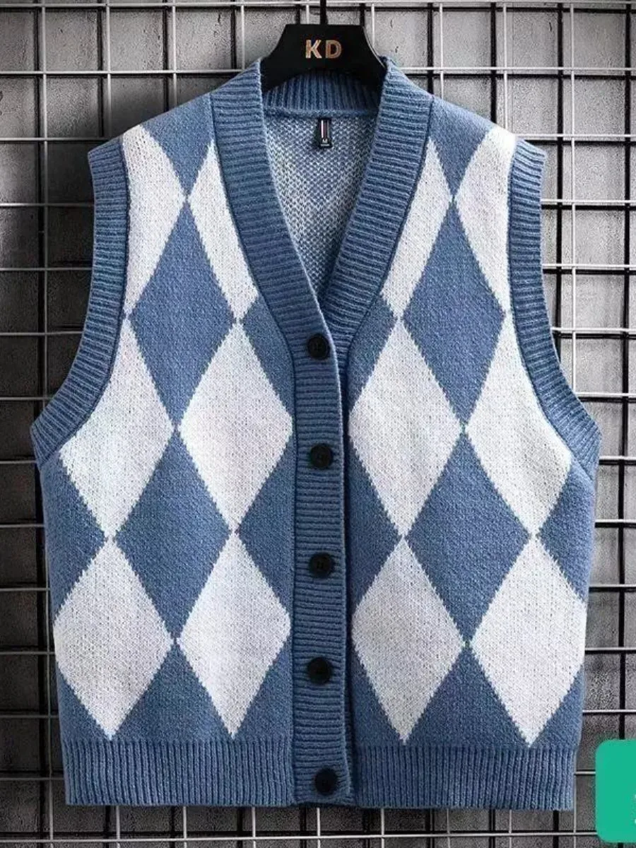 

Slim Fit Men's Knitted Sweater Vest Diamond Pattern Early Autumn Outerwear College Sle Red Color V-Ne Button Decorated