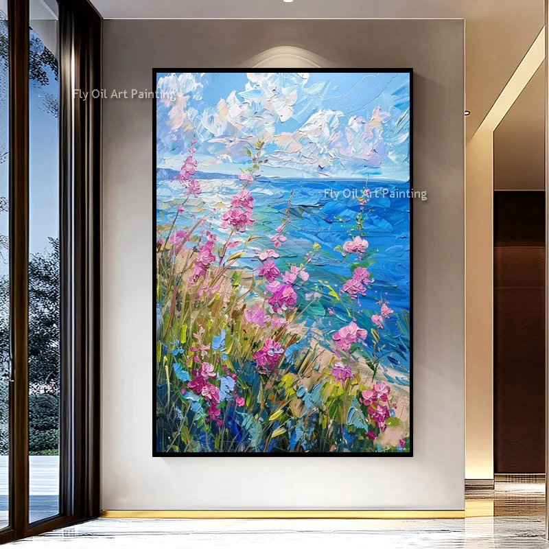 Large 100% Hand‑Painted Coastal Floral Oil Painting, Colorful Wildflower Palette Knife Impasto Vertical Canvas Wall Art