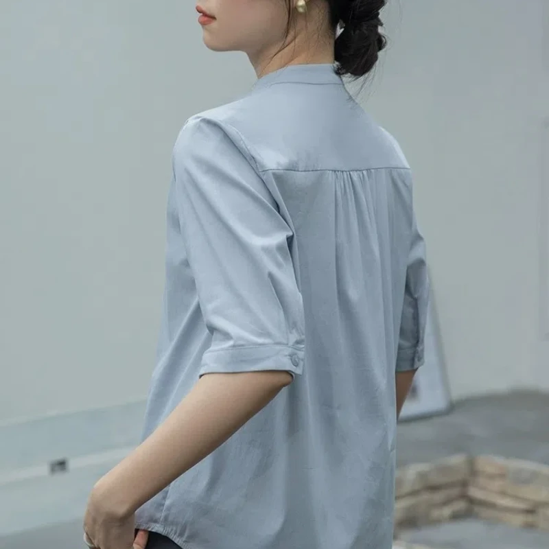 V-Neck Minimalist Solid Color Summer New 2024 Short Sleeve Top Office Lady Temperament Elegant Button All-match Female Shirt