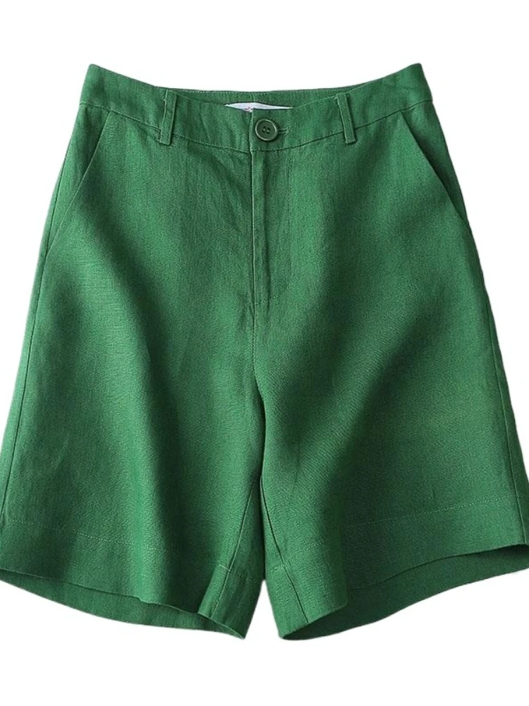 High-Waisted Cotton Linen Shorts for Women Summer Casual Shorts Women Wide-Leg A-Shaped Straight Five-Point Pants