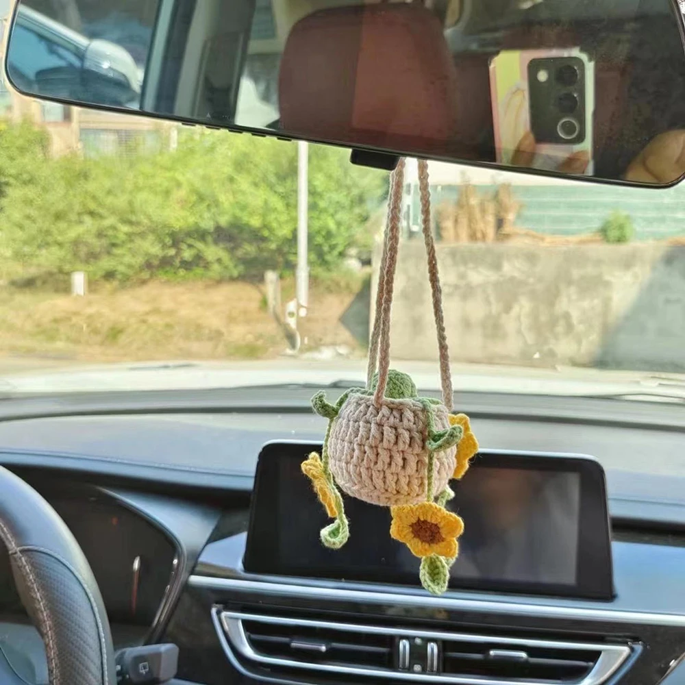 

Симпатичные автомобильные растения ручной работы с подсолнухом, вязаная крючком подвесная корзина для растений, автомобильное украшение, подвесные аксессуары для зеркала заднего вида