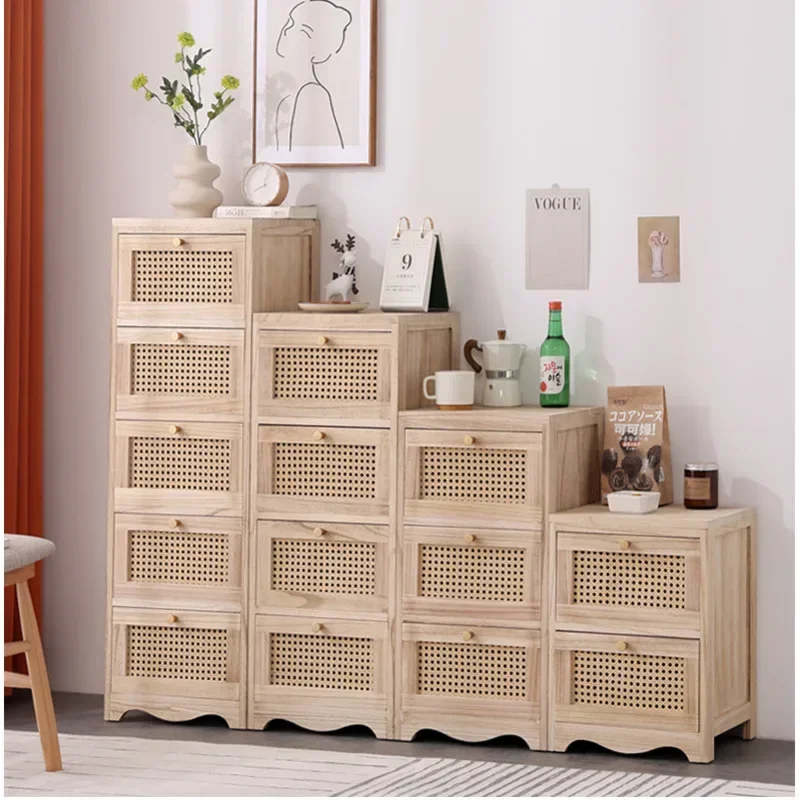 Nordic Wood-style Storage Cabinet Rattan Multi-layer Meal Side Cabinet Bedroom Chest of Drawers Stable Load-bearing Night Table