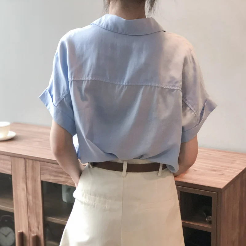 White Lyocell Dropped Sleeves Shirts Women Summer Blouses Linen Blue Tops Lapel Shirt Short-sleeved Single Breasted Placket Tops