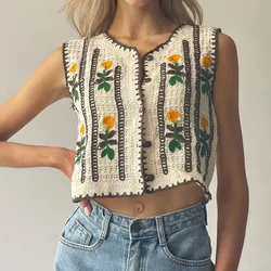 Floral Embroidered Crochet Sweater Vest for Women Open Knit Sleeveless Button-up Jacket Spring Summer Fairycore Cottagecore Boho