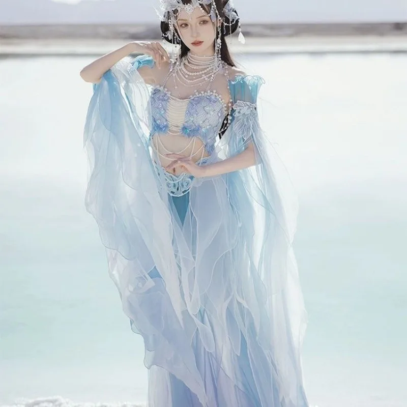 

Exotic Series Mermaid Princess High Waist Gradient Printing Embroidery Fairy Sweet Elegant Cosplay Hanfu Dance Performance